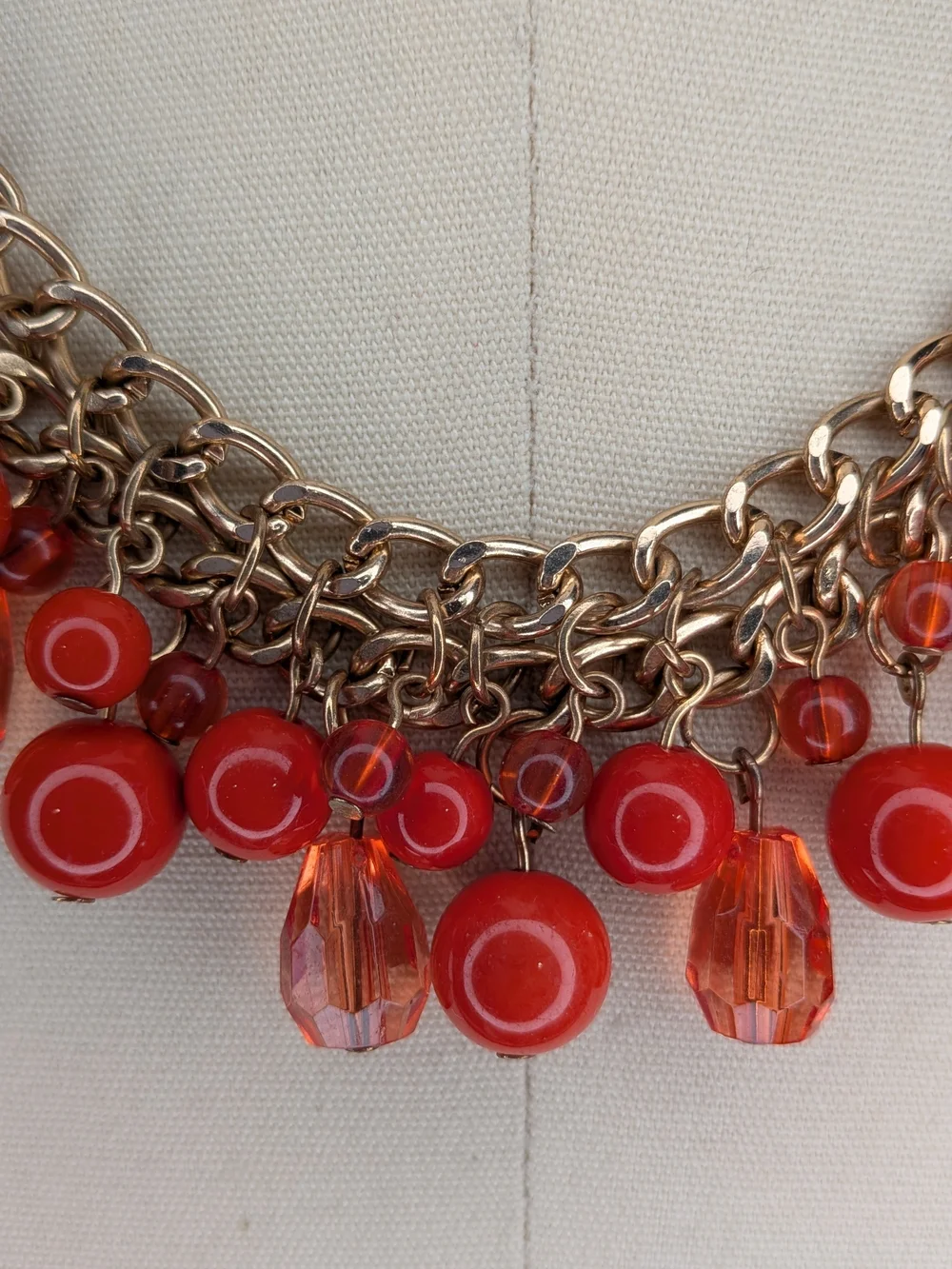 Dark Orange Bead Gold Cluster Fringe Statement Collar Necklace & Earrings Set